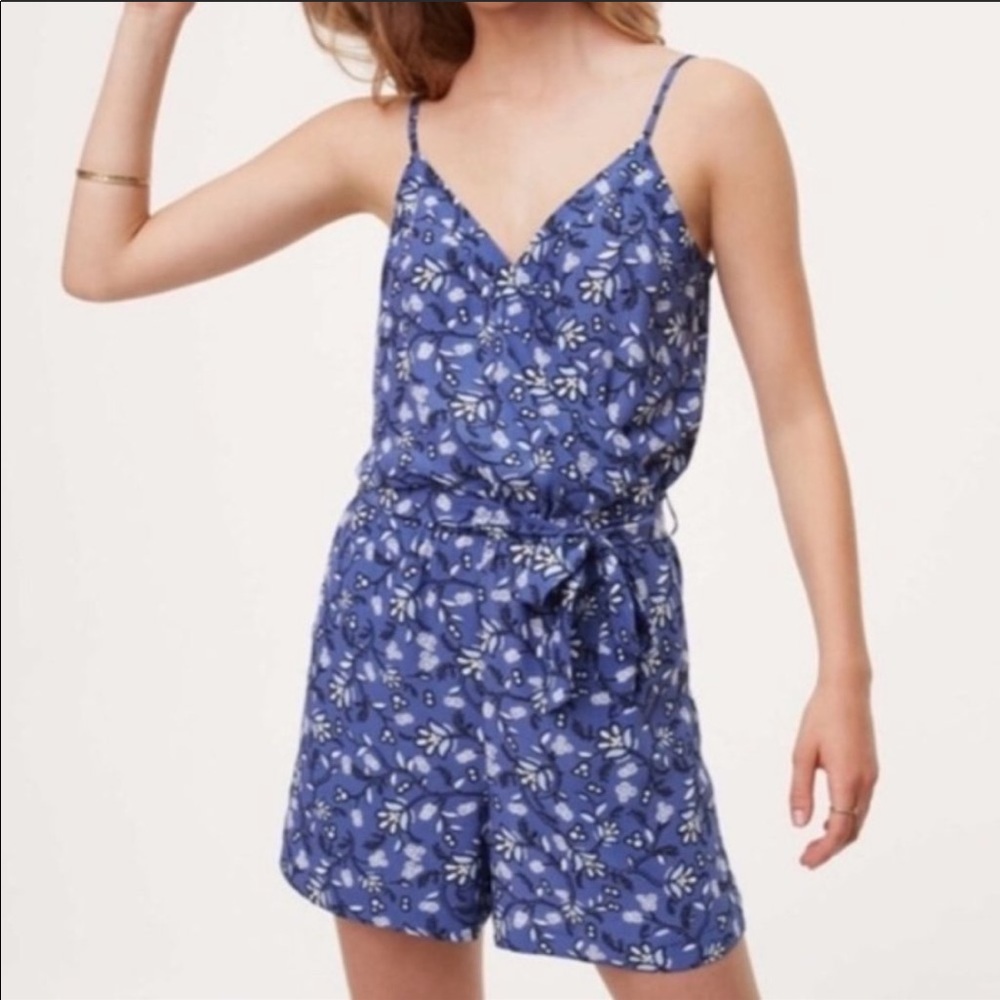 LOFT Blue and White Floral Shorts Romper - S